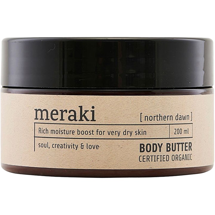 Meraki Northern Dawn Body Butter 200 ml økologisk body butter gir fuktighet til tørr hud i mørk krukke med beige etikett