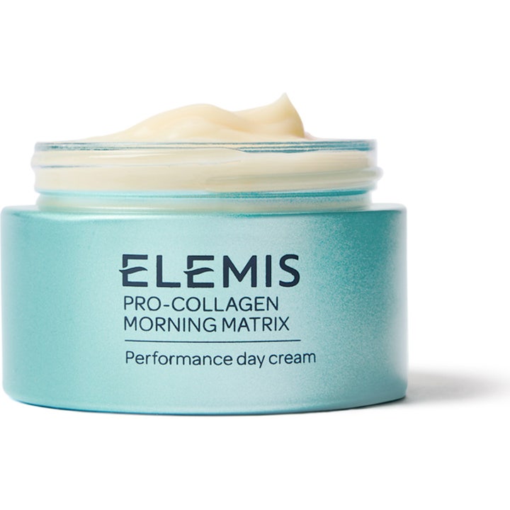Elemis Pro-Collagen Morning Matrix dagkrem som gir spenst i lyseblå krukke med synlig fyldig tekstur