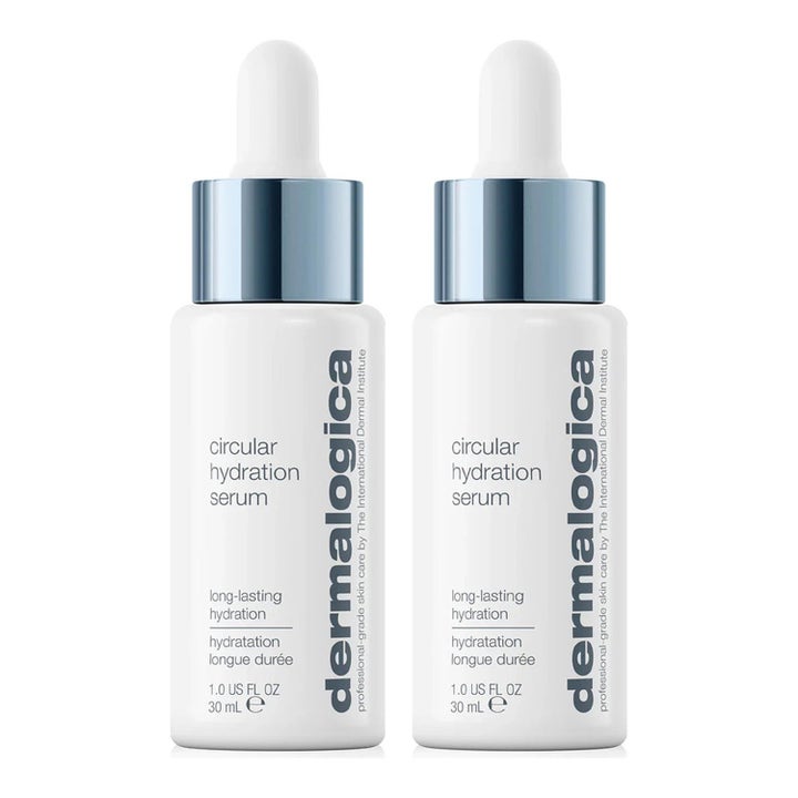 Dermalogica Circular Hydration Serum 30 ml gir langvarig fukt i to hvite flasker med sølvfarget dråpeteller