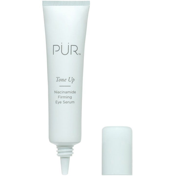PÜR Tone Up Niacinamide Firming Eye Serum 12,5 ml oppstrammende øyeserum i lyseblå tube med åpen kork