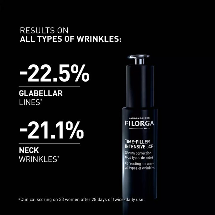 Filorga Time-Filler Intensive 5XP 30 ml rynkekorrigerende serum i svart pumpeflaske med kliniske testresultater