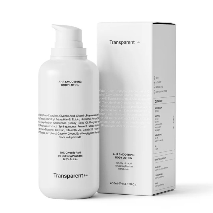 Niche Beauty Lab Transparent Lab Aha Smoothing Body Lotion 400 ml eksfolierende kroppskrem i hvit pumpeflaske og eske