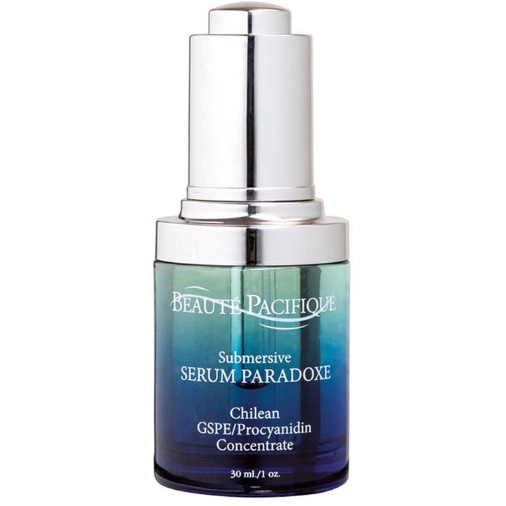 Beauté Pacifique Submersive Serum Paradoxe 30 ml anti-age serum som demper rødhet i blå glassflaske med sølvfarget pipette