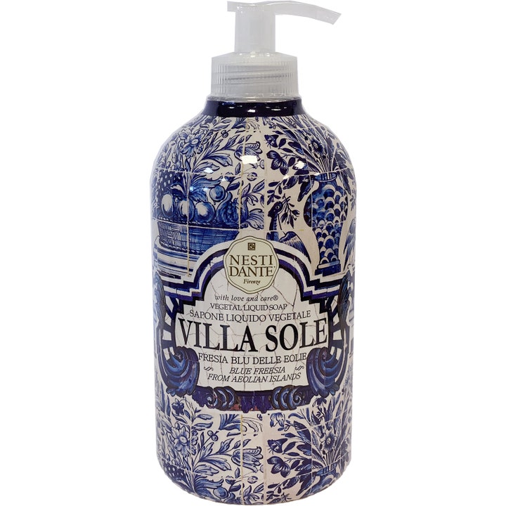 Nesti Dante Villa Sole Blue Freesia 500 ml flytende såpe med hvit pumpe i blåmønstret plastflaske