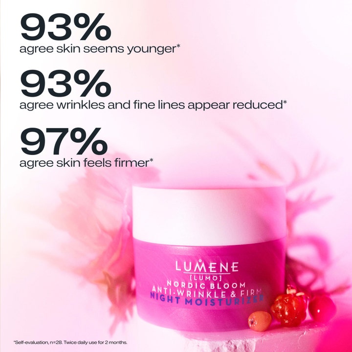 Lumene Nordic Bloom Anti-Wrinkle & Firm Night Moisturizer 50 ml nattkrem i rosa krukke med tekst om fastere hud