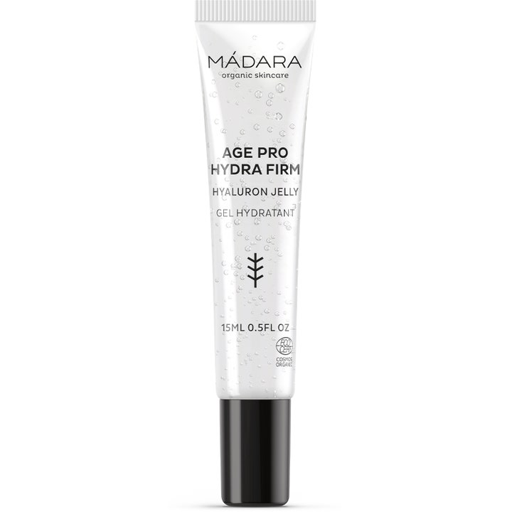 Mádara Age Pro Hydra Firm Hyaluron Jelly 15ml fuktighetsgivende ansiktsgelé i gjennomsiktig tube med sort kork