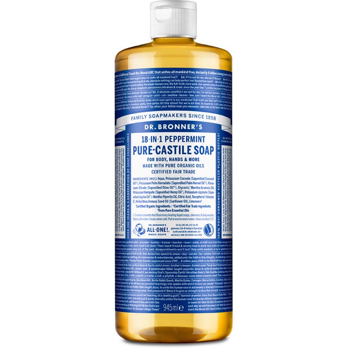 Dr. Bronner's 18-in-1 Peppermint Pure-Castile Soap 945 ml oppfriskende såpe i gjennomsiktig flaske med hvit etikett