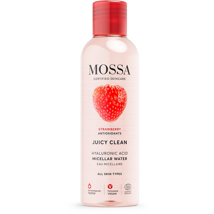 Mossa Juicy Clean Hyaluronic Acid Micellar Water 200ml rensende ansiktsvann i klar flaske med rødt lokk og stort jordbær.