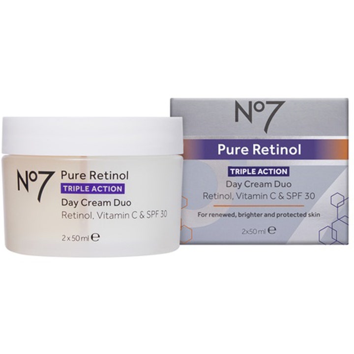 No7 Pure Retinol Triple Action Day Cream Duo 2 x 50 ml dagkrem med SPF 30 i frostet krukke og grå eske