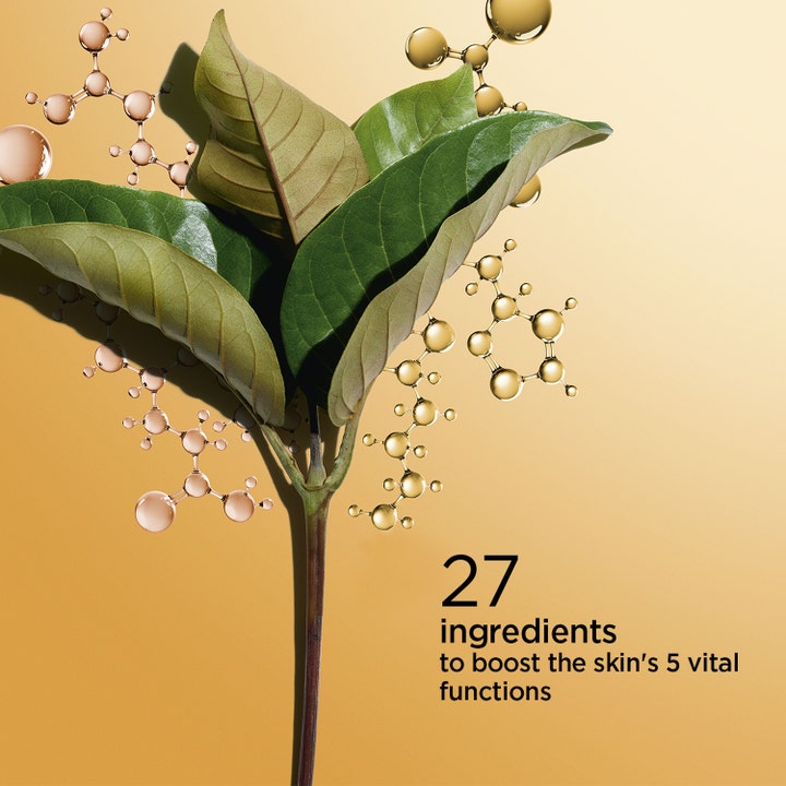 Clarins Double Serum 30 ml oppstrammende serum med grønne blader og gylne molekyler som viser 27 ingredienser