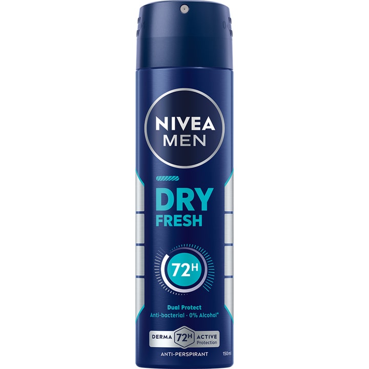 Nivea Men Dry Fresh 150 ml anti-perspirant spray som gir 72 timers beskyttelse i en mørkeblå metallboks.