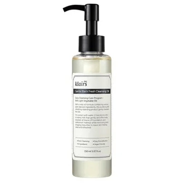 Klairs Gentle Black Fresh Cleansing Oil 150 ml renseolje som fjerner sminke i gjennomsiktig flaske med sort pumpe