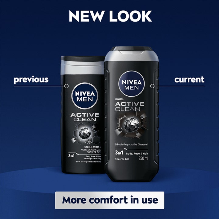 NIVEA MEN Active Clean 250 ml dusjsåpe med aktivt kull viser nytt ergonomisk design sammenlignet med gammel flaske
