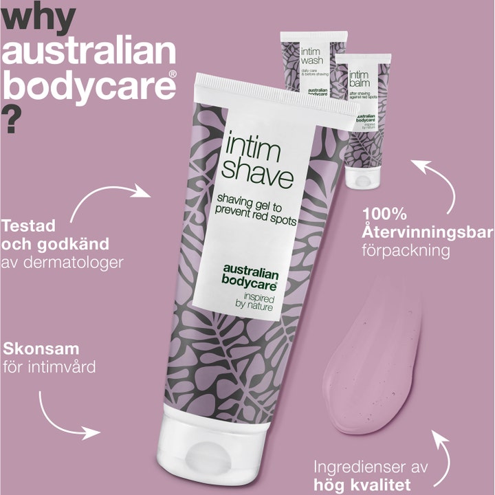 Australian Bodycare Intimate Shaving Kit med 3 produkter mot røde nupper i tuber med lilla mønster og kremet tekstur