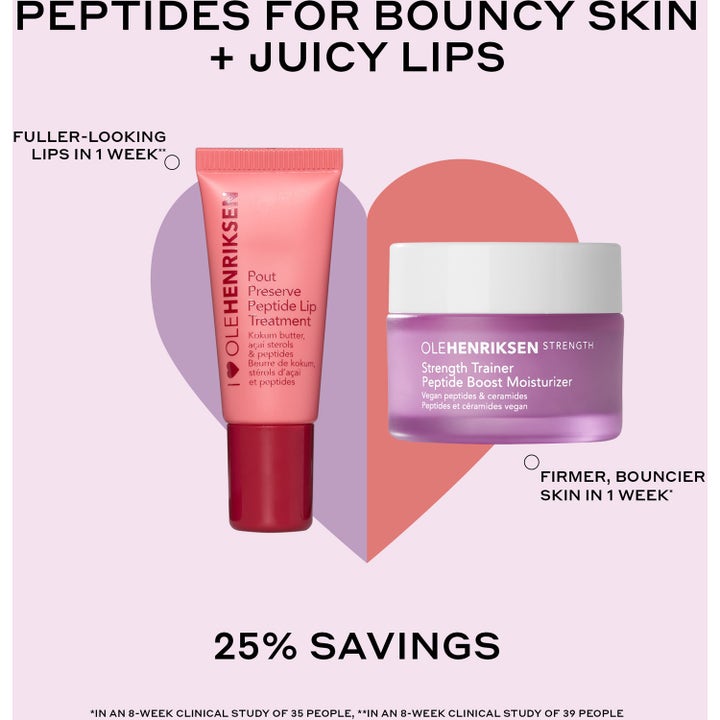 Ole Henriksen Plumping Peptide Pair Mini Set 22 ml hudpleiesett med rosa leppetube og lilla fuktighetskrem i krukke