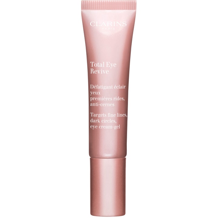Clarins Total Eye Revive 15 ml oppfriskende øyekrem i gelform som motvirker mørke ringer i en skimrende rosa tube