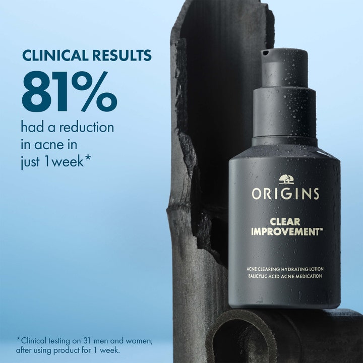 Origins Clear Improvement Hydrating Lotion 50 ml mot kviser i grå pumpeflaske med tekst om 81 % reduksjon.