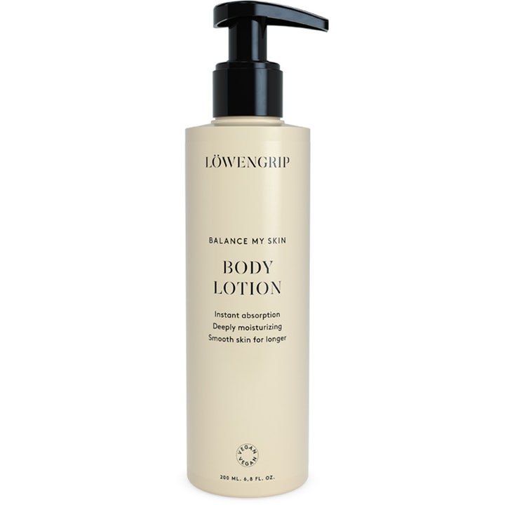 Löwengrip Balance My Skin Body Lotion 200 ml fuktighetsgivende krem i beige flaske med svart pumpe som gir myk hud