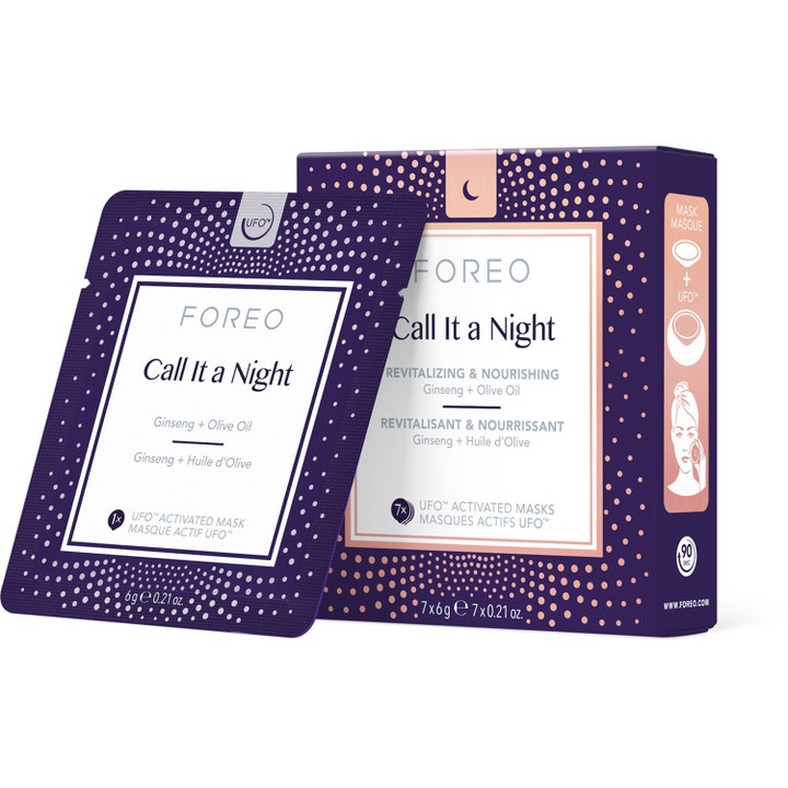 Foreo Call It a Night 7 x 6g revitaliserende ansiktsmasker som gir næring i lilla eske med rosegullprikker