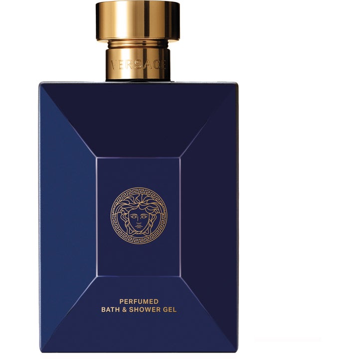 Versace Dylan Blue Pour Homme Perfumed Bath & Shower Gel dusjsåpe i mørkeblå flaske med gullfarget Medusa-logo