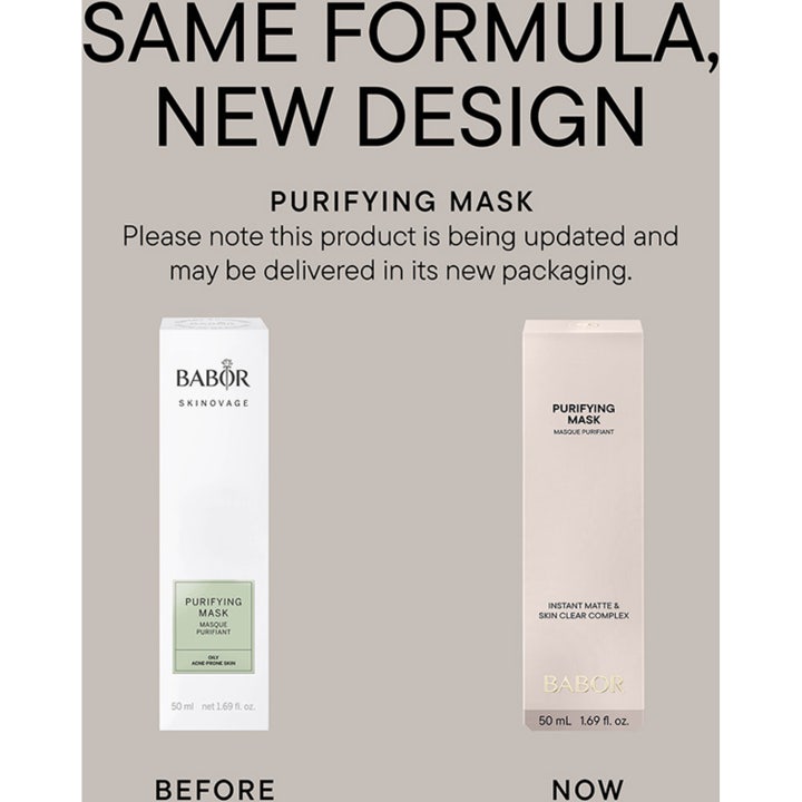 Babor Purifying Mask 50 ml rensende ansiktsmaske i hvit tube ved siden av krukker på hvite podier med glassdekor