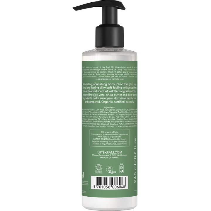 Urtekram Wild Lemongrass Body Lotion 245 ml med fuktighetsgivende aloe vera i flaske med pumpe