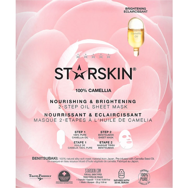 Starskin 100% Camellia 2-Step Oil Sheet Mask 25 g glødgivende sheetmaske i rosa sachet med stor kameliablomst