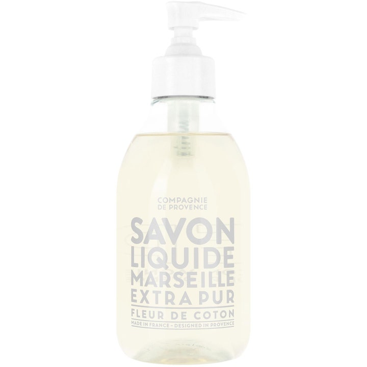 Compagnie de Provence Savon Liquide Marseille Fleur de Coton flytende håndsåpe i klar flaske med hvit pumpe.