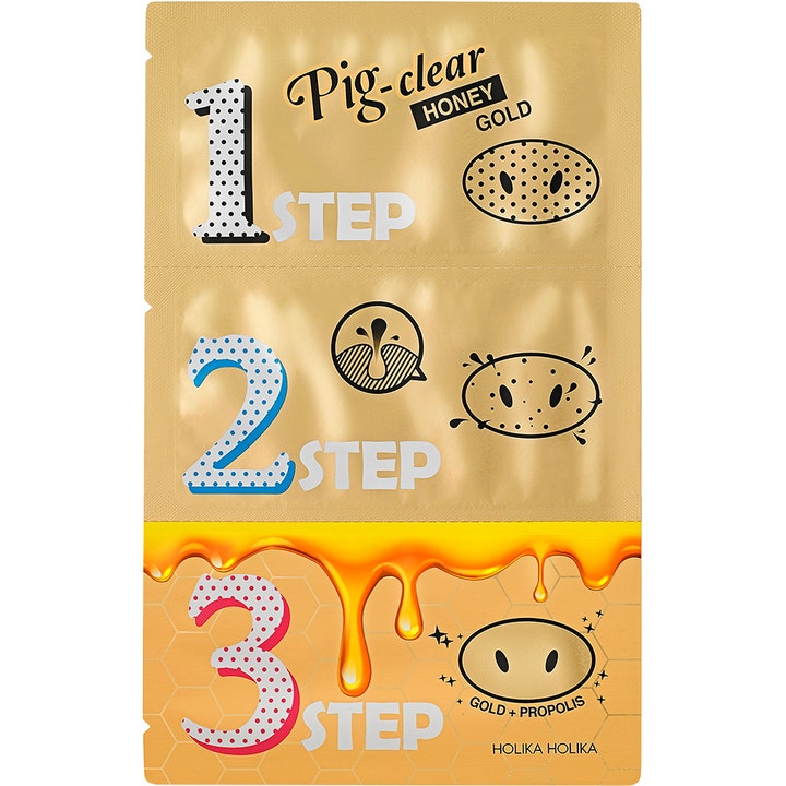 Holika Holika Pig-clear Honey Gold 3-stegs sett mot hudormer i gullfarget pakning med store tall og honningdrypp.