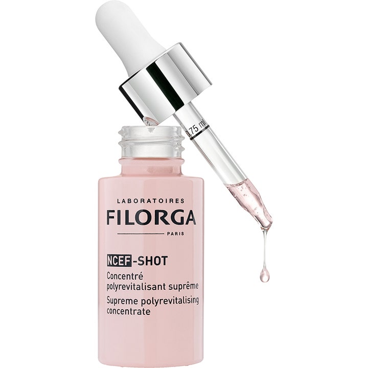 Filorga NCEF-Shot 15 ml glødgivende serum i rosa glassflaske med sølvkork og pipette med en dråpe
