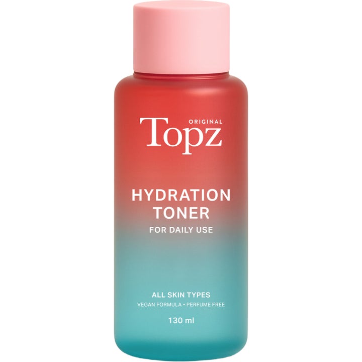 Topz Original Hydration Toner 130 ml fuktighetsgivende toner i frostet flaske med rød til blå gradient og rosa kork.