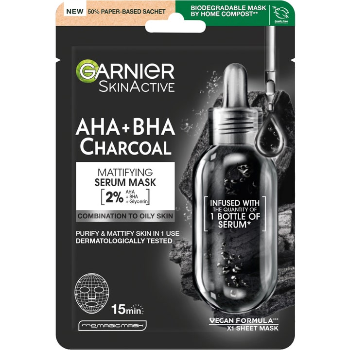 Garnier SkinActive AHA BHA Charcoal 1 stk mattende ansiktsmaske i sort emballasje med illustrasjon av serumflaske og kull