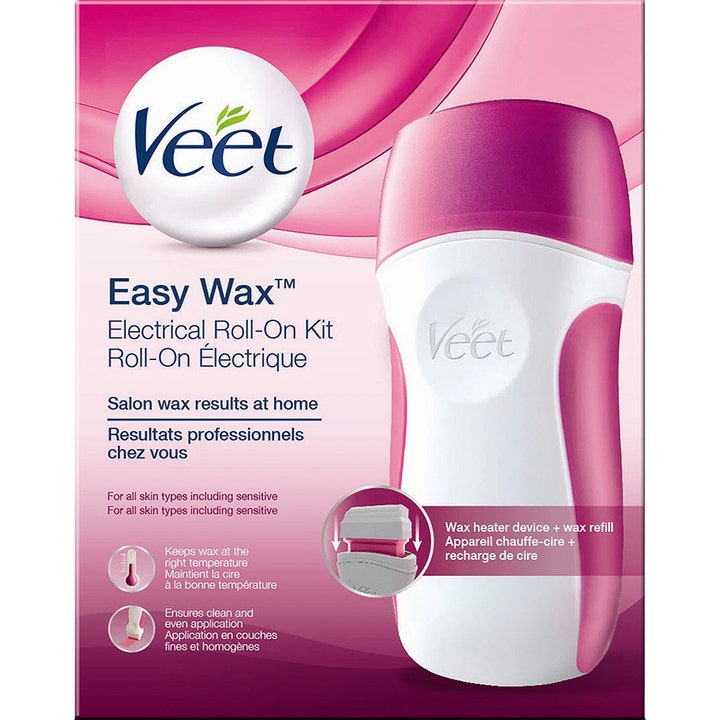 Veet Easy Wax Electrical Roll-On Kit 1 stk hårfjerning som gir glatt hud med rosa og hvit elektrisk voksvarmer