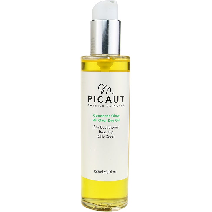 M. Picaut Goodness Glow All Over Dry Oil 150 ml pleiende tørrolje som gir glød i klar flaske med sølvpumpe