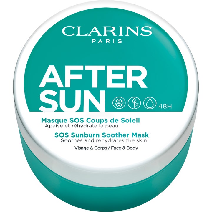 Clarins After Sun SOS Sunburn Soother Mask beroligende maske i turkis krukke som kjøler og gjenfukter huden