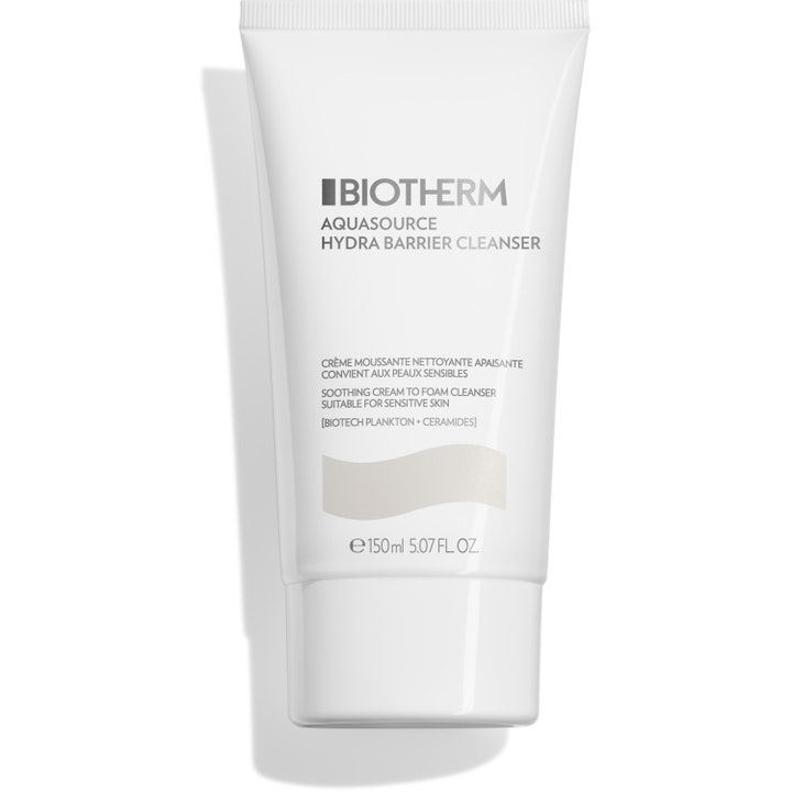 Biotherm Aquasource Hydra Barrier Cleanser 150 ml beroligende ansiktsrens i hvit tube med grå tekst og bølgegrafikk