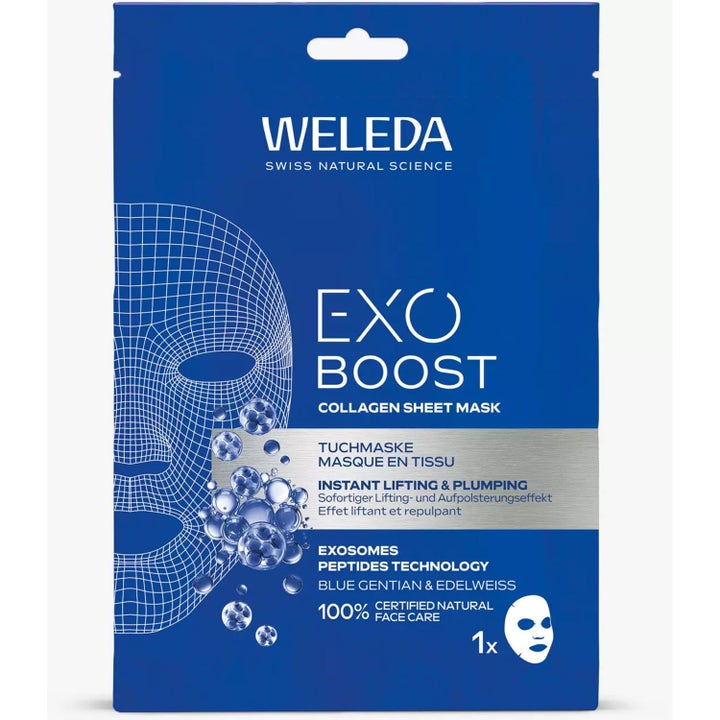 Weleda Exo Boost Collagen Sheet Mask 1 stk oppstrammende ansiktsmaske i blå sachet med sølvdetaljer