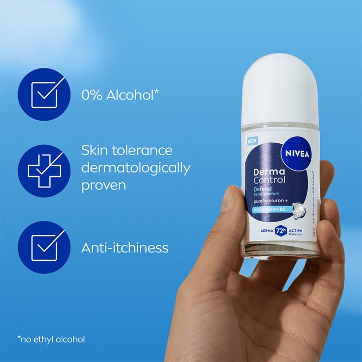 NIVEA Derma Control Defend Roll On 50 ml i en hånd mot blå bakgrunn som fremhever 0% alkohol og 72t beskyttelse