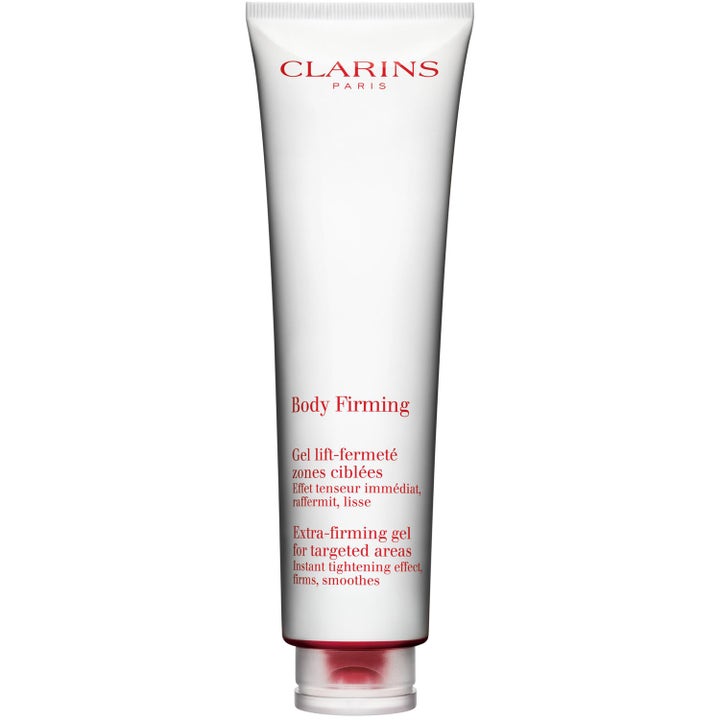 Clarins Body Firming Extra-Firming Gel oppstrammende kroppsgel i hvit tube med rød tekst som gir fastere hud