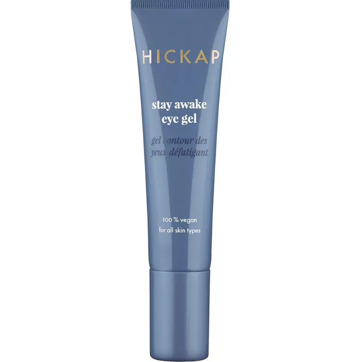 Hickap Stay Awake Eye Gel 15 ml oppfriskende øyegelé i en stilren blågrå tube med gullogo og hvit tekst