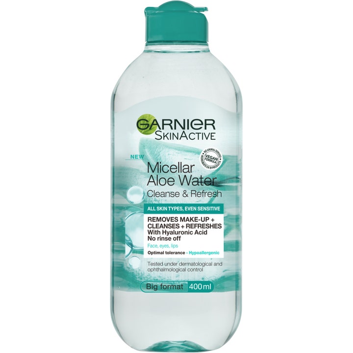 Garnier SkinActive Micellar Aloe Water 400 ml rensende ansiktsvann i gjennomsiktig flaske med blått lokk