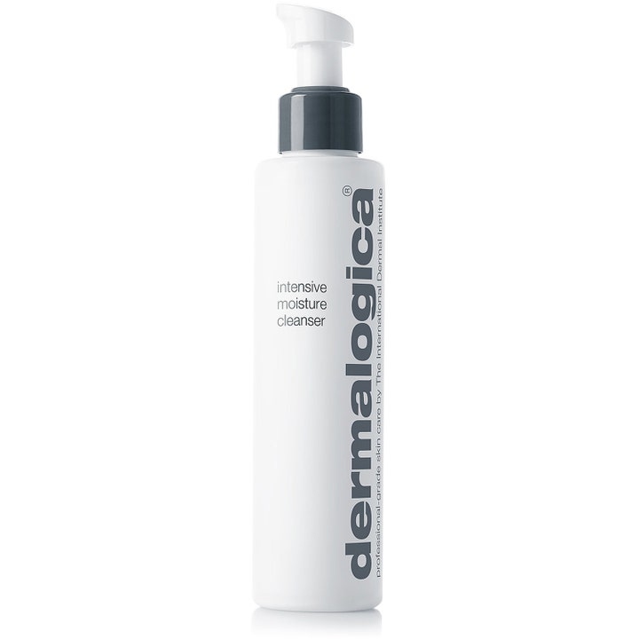 Dermalogica Intensive Moisture Cleanser 150 ml nærende ansiktsrens i hvit plastflaske med grå pumpe og vertikal logo
