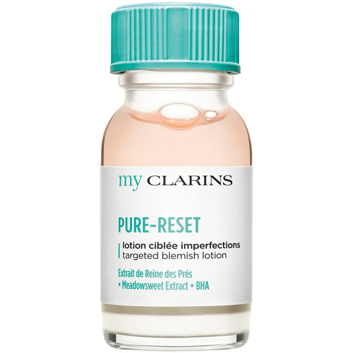 My Clarins Pure-Reset Targeted Blemish Lotion mot kviser med BHA i glassflaske med rosa væske og teal kork