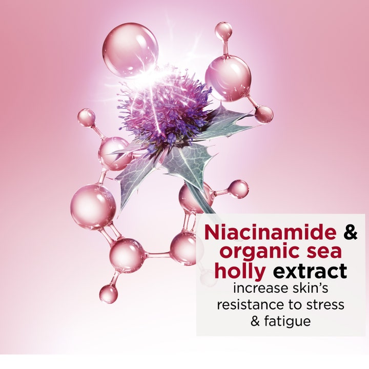 Clarins Multi-Active Emulsion 100 ml utjevnende dagkrem med niacinamid og lilla tistel i rosa molekylstruktur