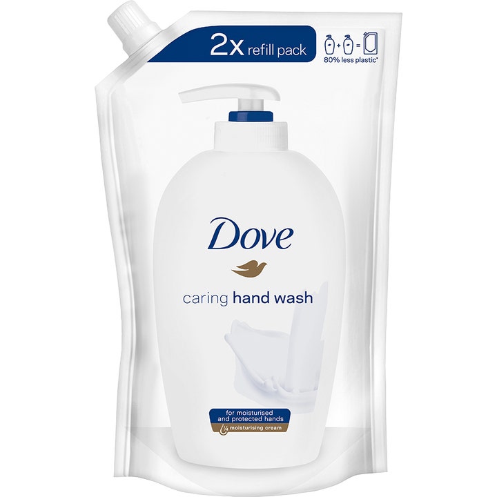 Dove Caring Hand Wash 500ml fuktighetsgivende håndsåpe i hvit refillpose med blå detaljer og skrukork.