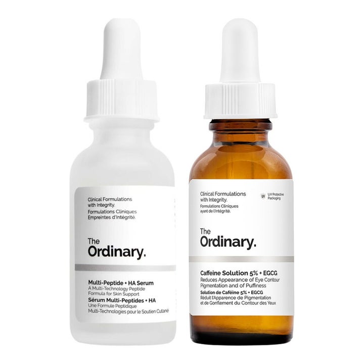 The Ordinary "Buffet" og Caffeine Solution 5% + EGCG serum som styrker huden i frostet og brun glassflaske med hvit pipette.