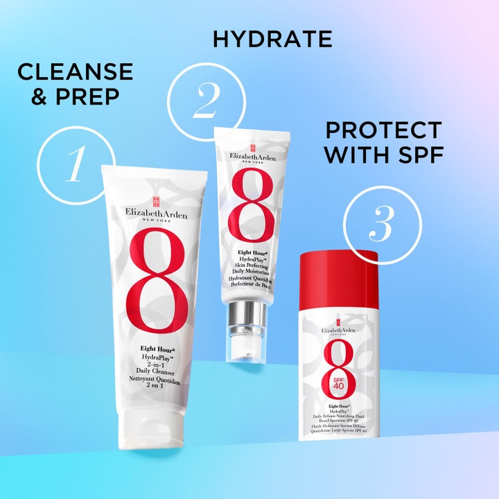 Elizabeth Arden Eight Hour Sun Hydraplay SPF40 50 ml solkrem i en rutine for rens, fukt og SPF-beskyttelse.