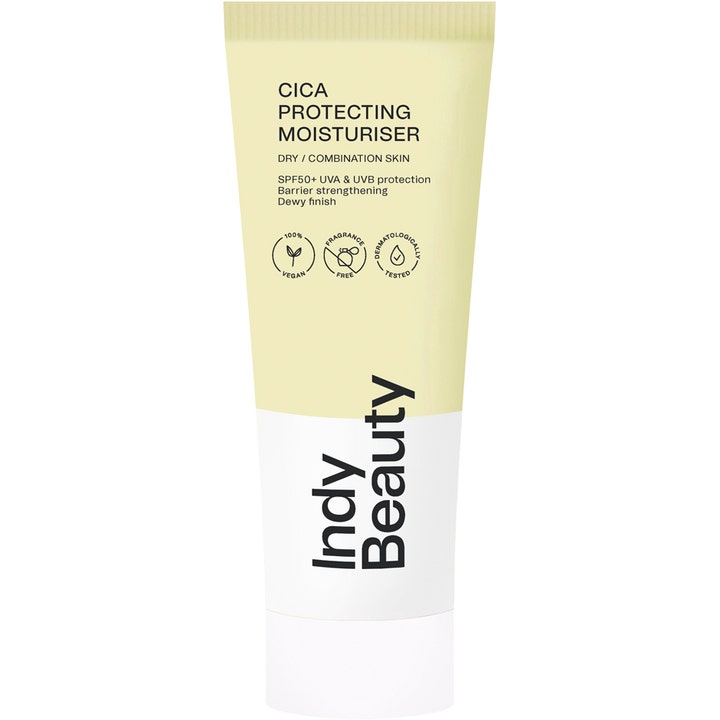 Indy Beauty Cica Protecting Moisturiser SPF50+ fuktighetskrem som styrker barrieren i en gul og hvit tube
