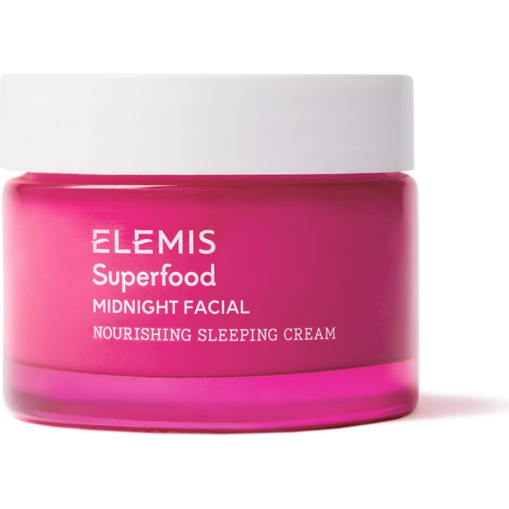 Elemis Superfood Midnight Facial 50 ml nærende nattmaske i lilla krukke med hvitt lokk som gir huden glød.
