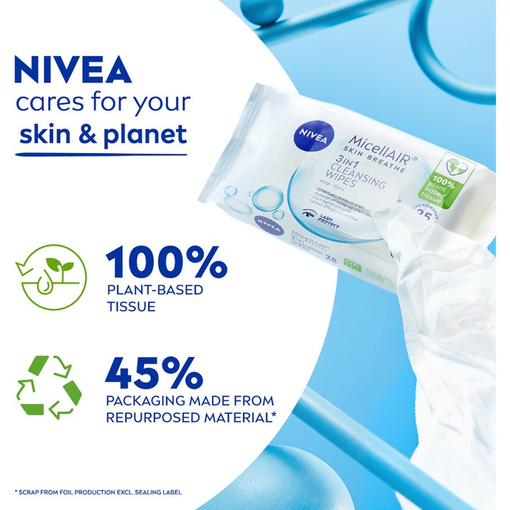 NIVEA MicellAIR Expert Wipes 25 stk sminkefjerning med 100 % plantebasert vev i hvit og blå emballasje